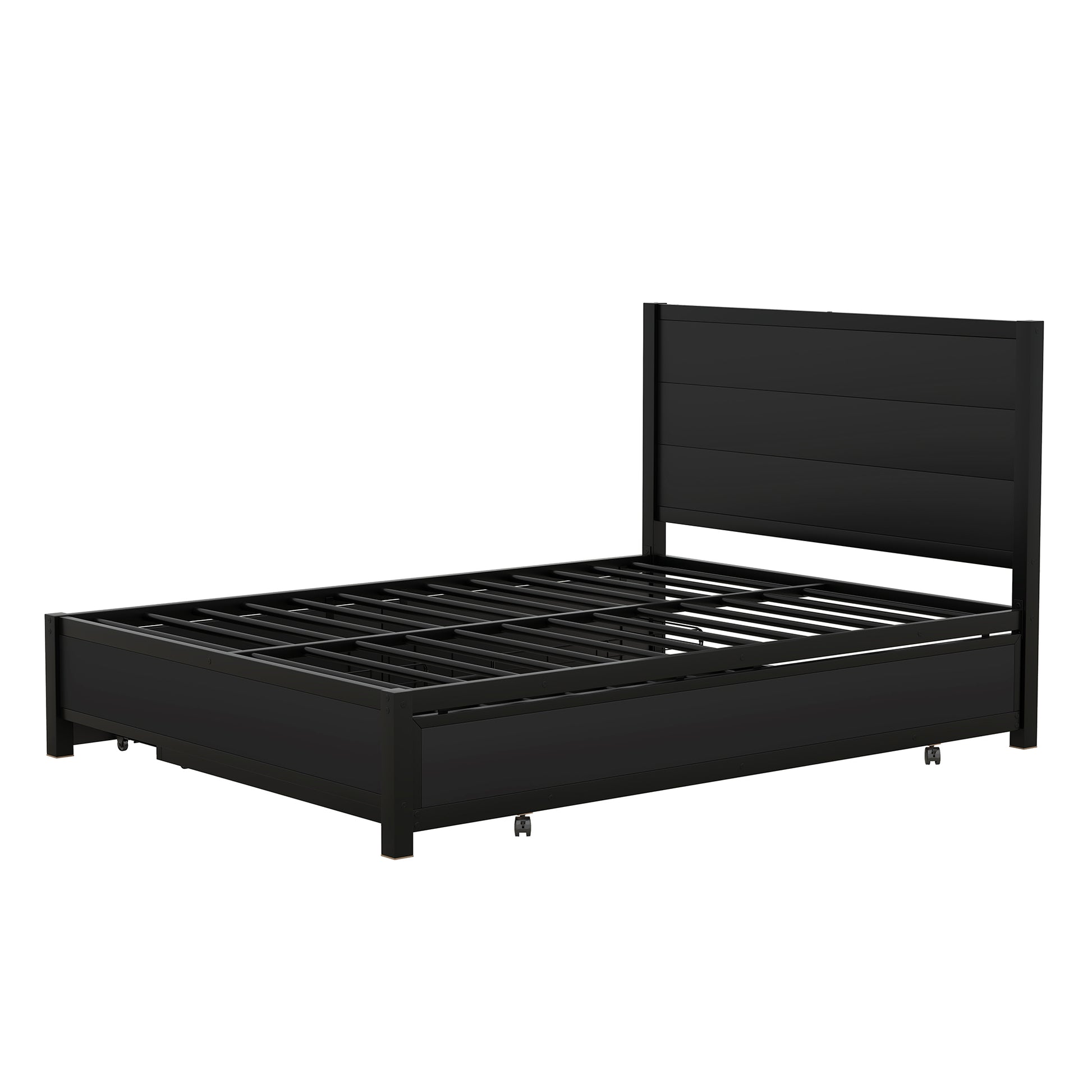 Metal Full Size Storage Platform Bed With Twin Size Trundle And 2 Drawers, Black Full Black Metal Bedroom Bed Frame Mdf Steel