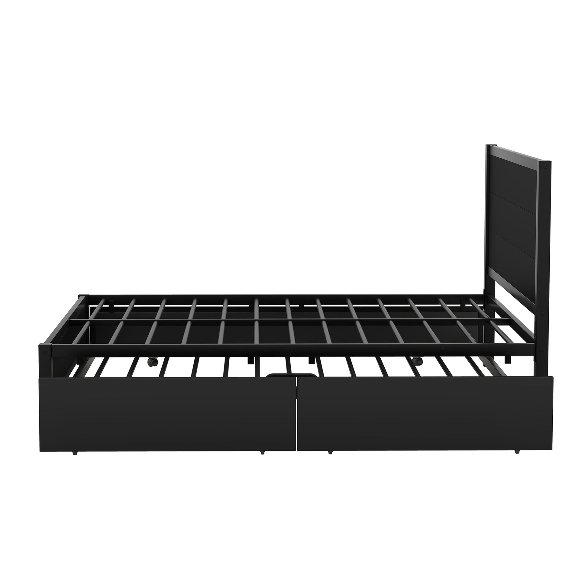 Metal Full Size Storage Platform Bed With Twin Size Trundle And 2 Drawers, Black Full Black Metal Bedroom Bed Frame Mdf Steel