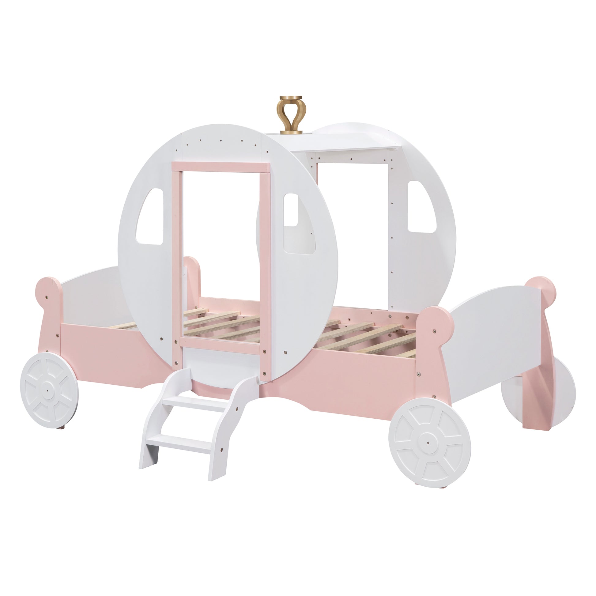 Twin Size Princess Carriage Bed With Crown ,Wood Platform Car Bed With Stair,White Pink White Pink Wood
