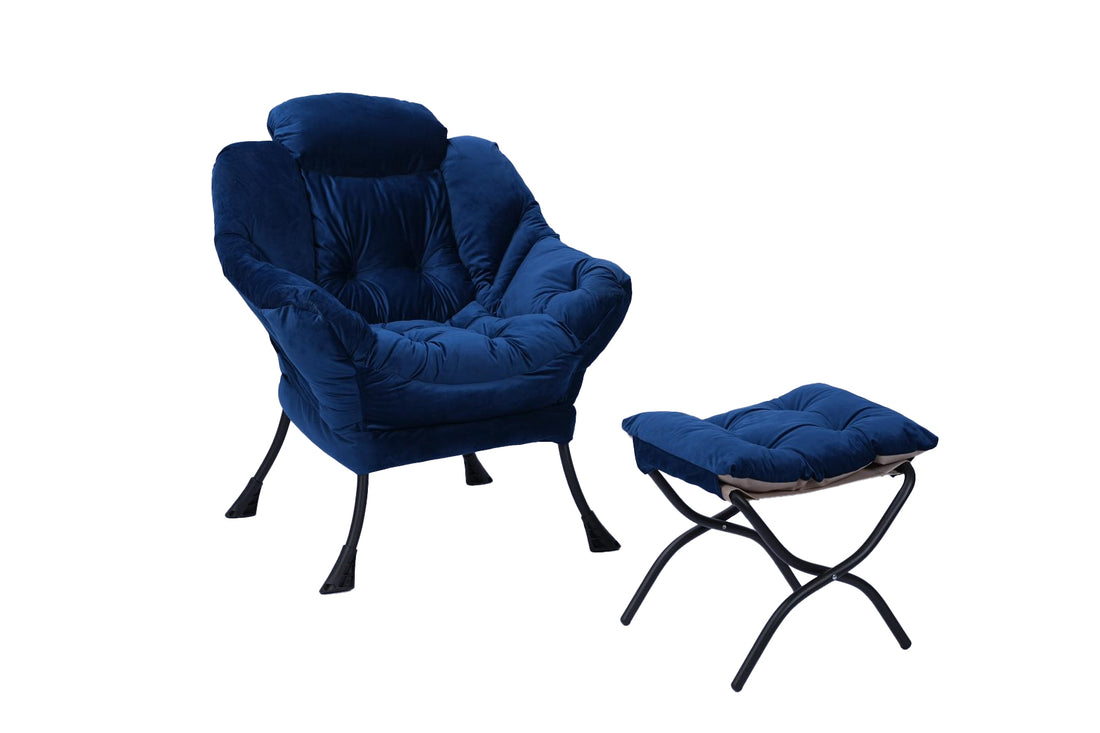 Living Room Chairs Modern Cotton Fabric Lazy Chair, Accent Contemporary Lounge Chair, Single Steel Frame Leisure Sofa Chair With Armrests And A Side Pocket Blue ,With Ottoman ,With Footrest Blue Primary Living Space Soft Polyester Fiber Pad Fabric 1 Seat