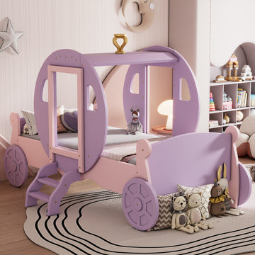 Twin Size Princess Carriage Bed With Crown,Wood Platform Car Bed With Stair,Purple Pink Pink Wood