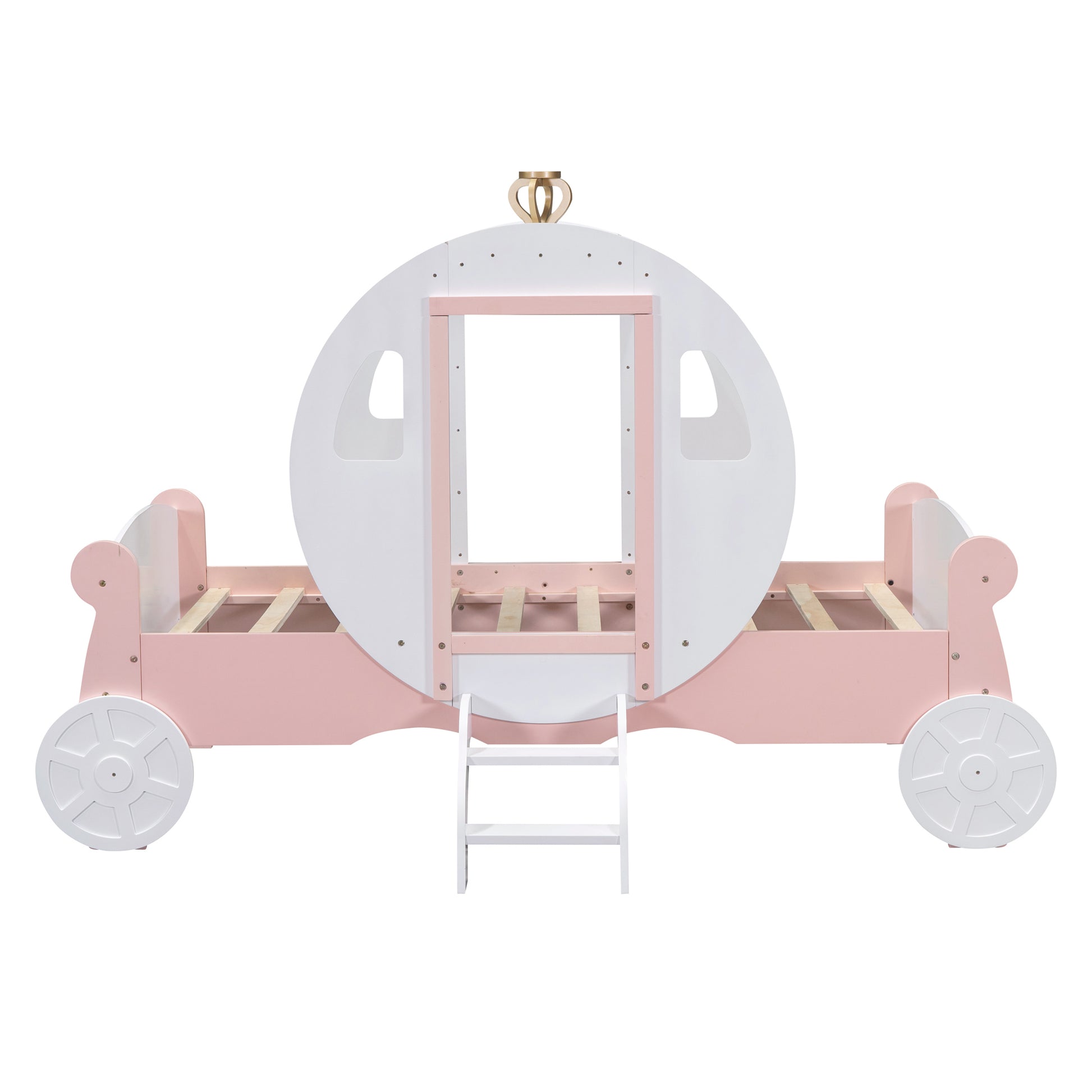 Twin Size Princess Carriage Bed With Crown ,Wood Platform Car Bed With Stair,White Pink White Pink Wood