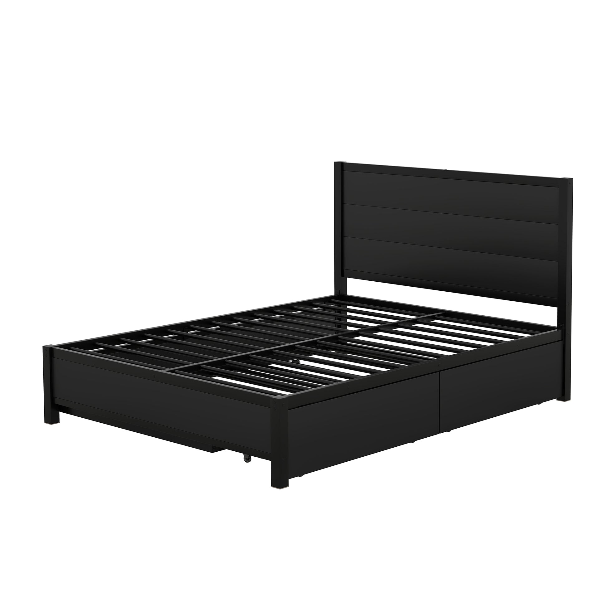 Metal Full Size Storage Platform Bed With Twin Size Trundle And 2 Drawers, Black Full Black Metal Bedroom Bed Frame Mdf Steel