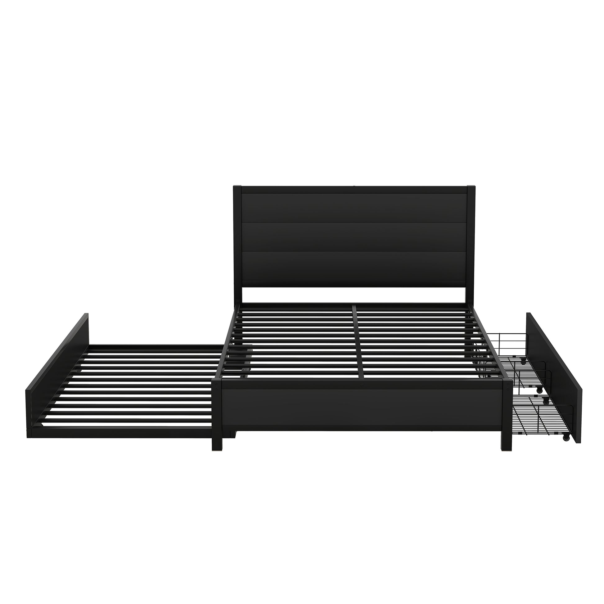 Metal Full Size Storage Platform Bed With Twin Size Trundle And 2 Drawers, Black Full Black Metal Bedroom Bed Frame Mdf Steel