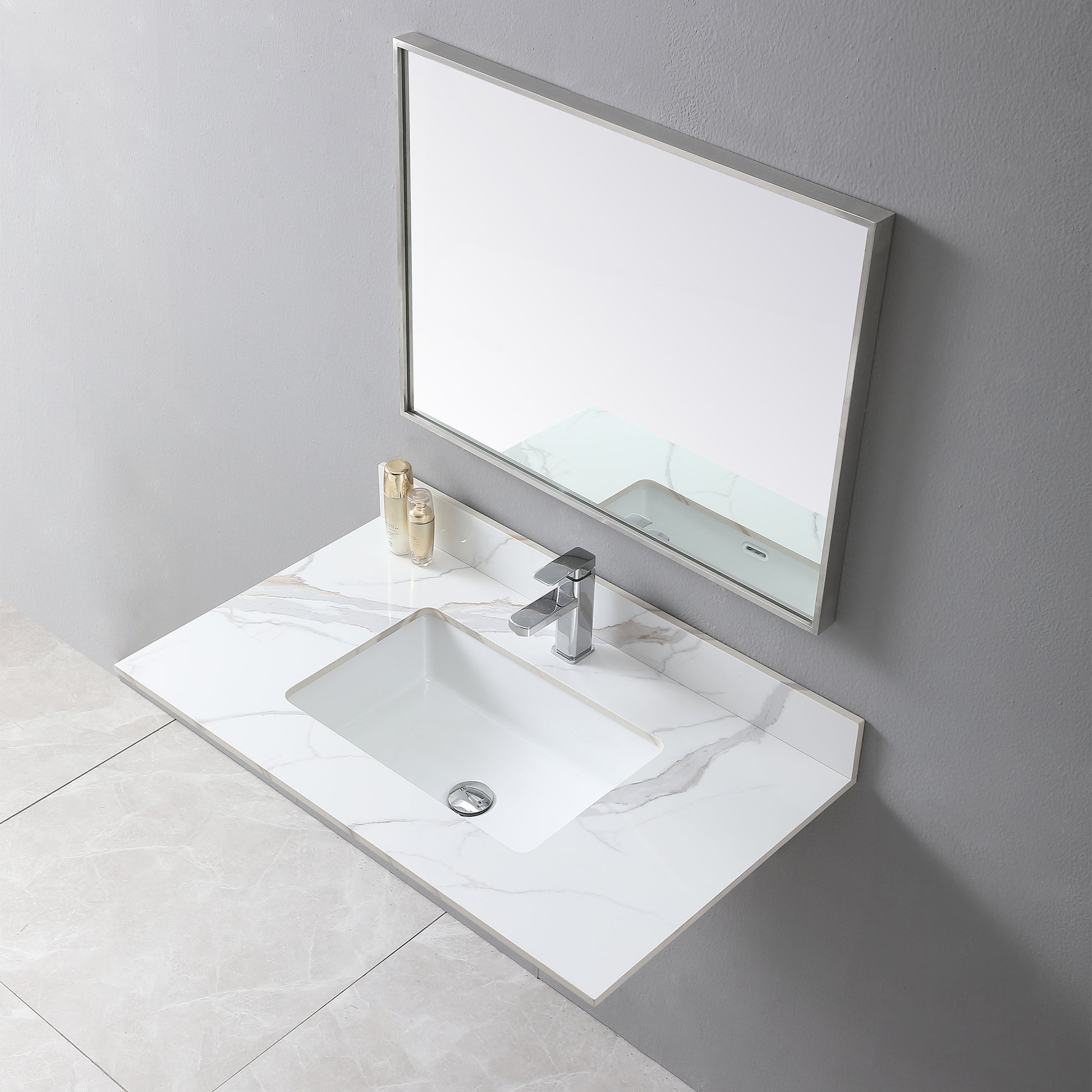 37Inch Bathroom Vanity Top Stone Carrara Gold Style Tops With Rectangle Undermount Ceramic Sink And Single Faucet Hole White Sintered Stone