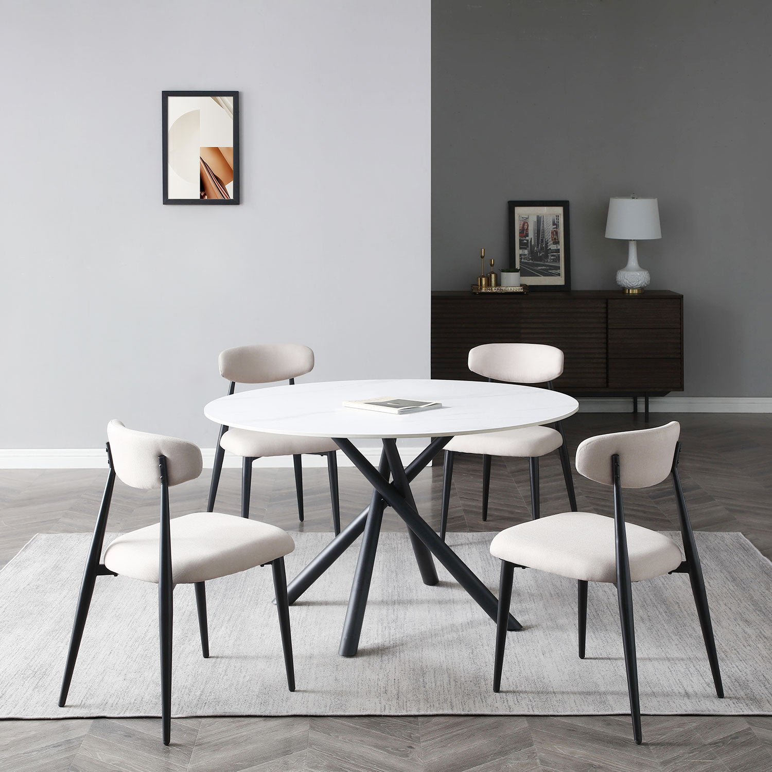 53.15" Modern Round Dining Table White Sintered Stone Tabletop With 4Pcs Metal Cross Legs White Foam Ceramic