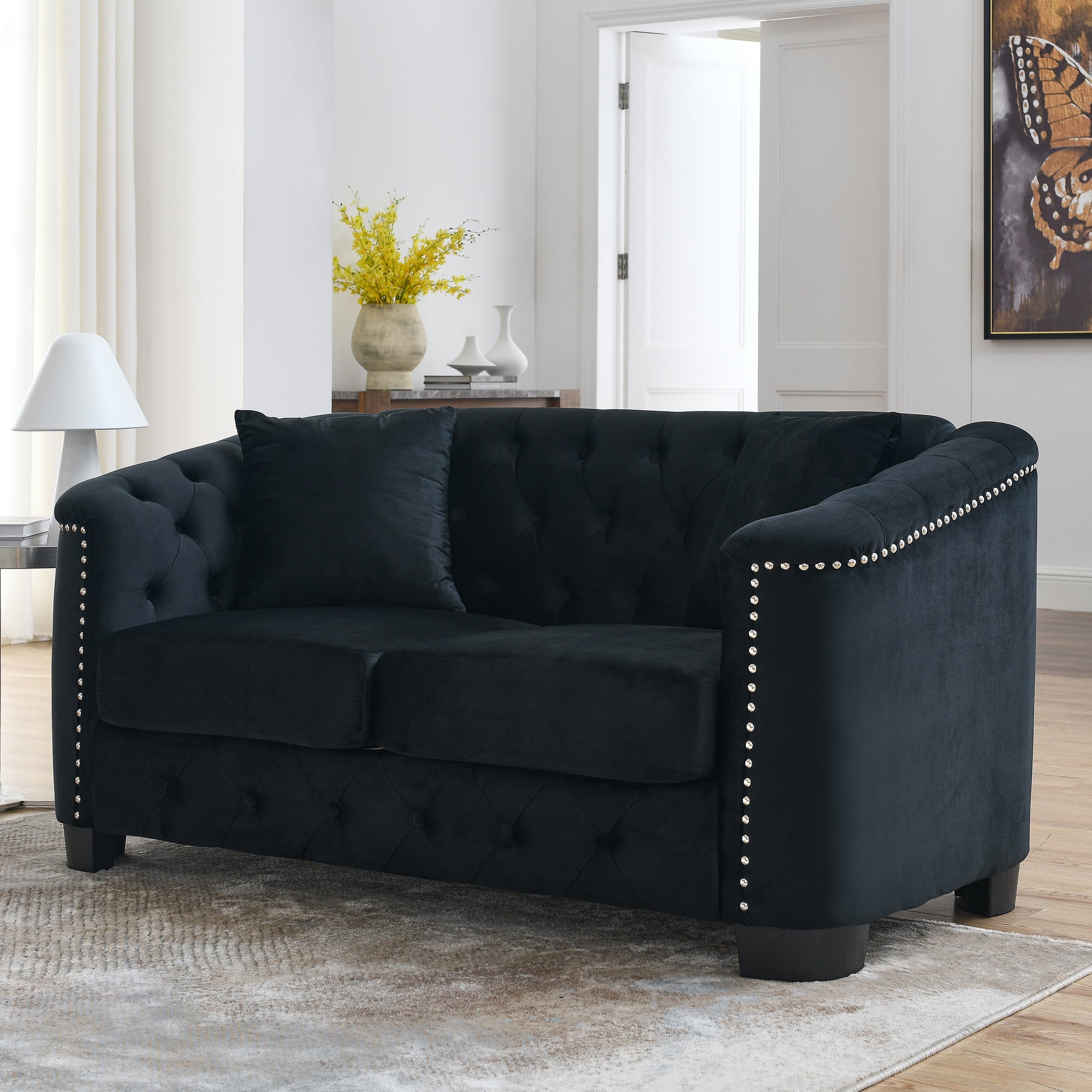 3 Seater 2 Seater Combination Sofa.Velvet Black Black Foam Velvet 5 Seat