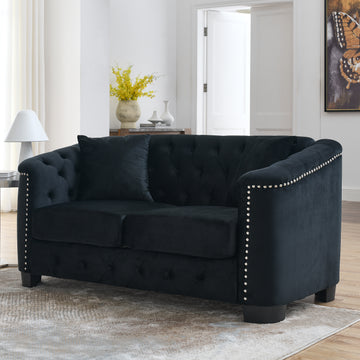 59 Inch Modern Chesterfield Velvet Sofa, 2 Seater Sofa, Upholstered Tufted Backrests With Arms And 2 Cushions For Living Room, Bedroom, Apartment, Office Black Black Primary Living Space Foam Velvet