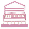 Wooden Twin Size House Bed With Trundle,Kids Bed With Shelf, Pink Pink Wood