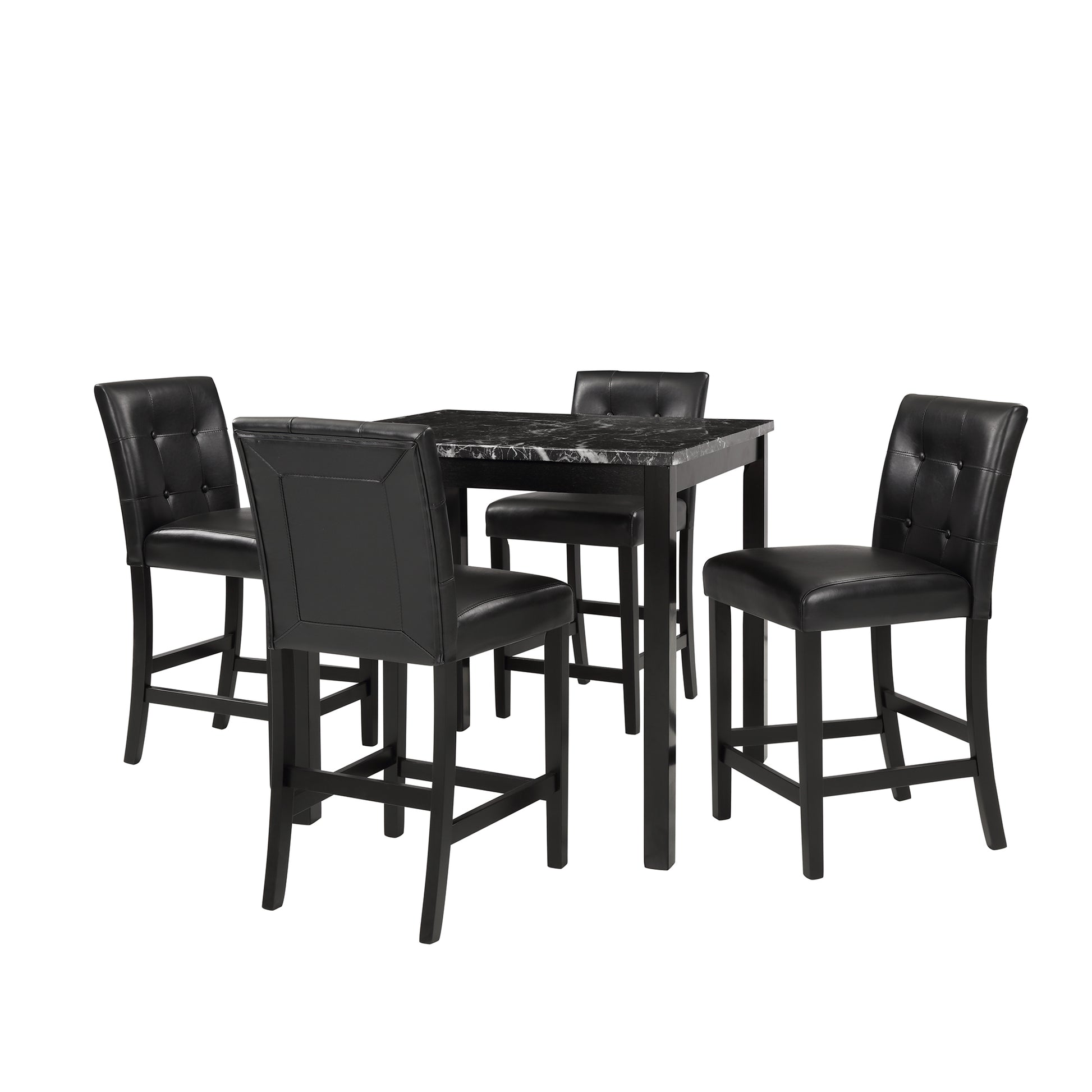 5 Piece Kitchen Table Set Faux Marble Top Counter Height Dining Table Set With 4 Pu Leather Upholstered Chairs, Black Wood Dining Room Solid Wood Rubberwood Rectangular Dining Table With Chair Upholstered Chair Wood Black Solid Back Seats 4 36 Inches