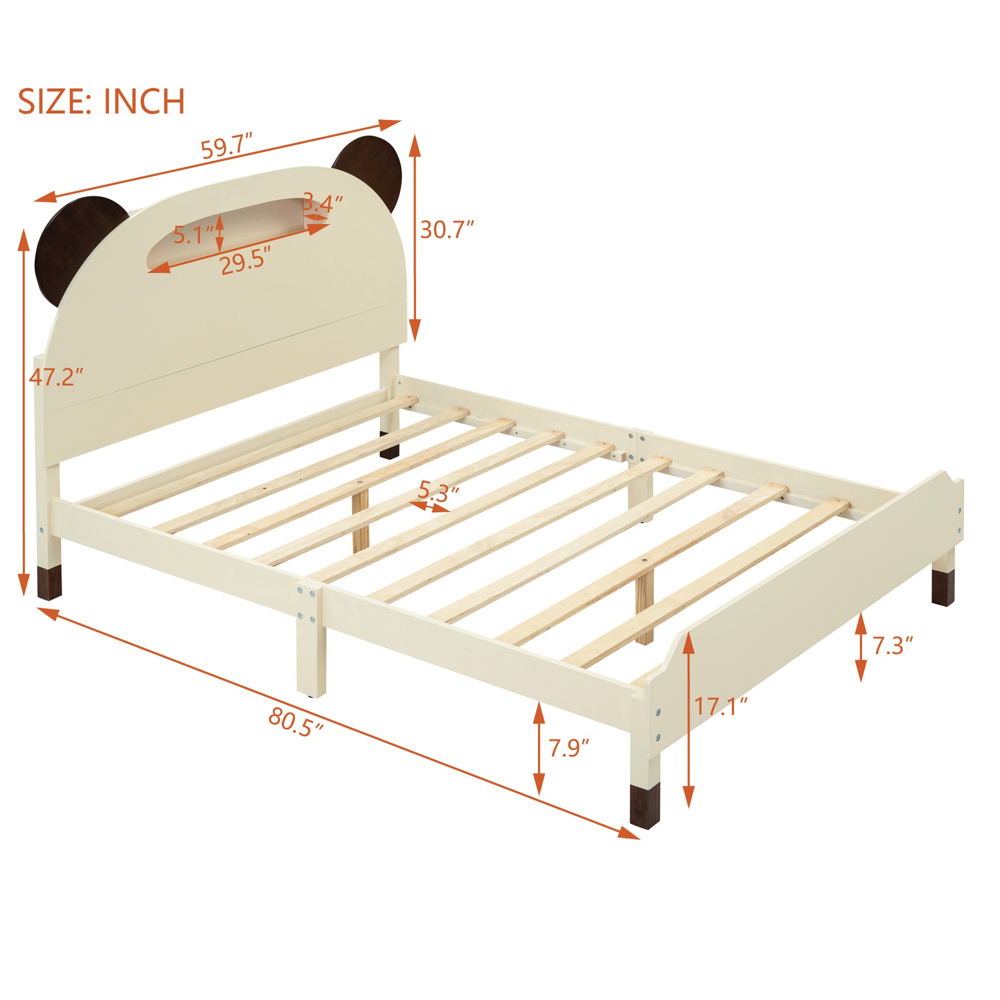 Full Size Wood Platform Bed With Bear Shaped Headboard,Bed With Motion Activated Night Lights,Cream Walnut Cream Wood