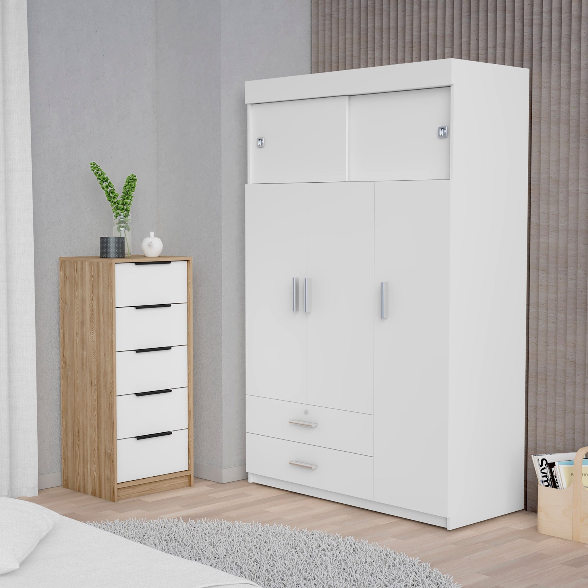 Cozad 2 Piece Bedroom Set, Armoire Dresser, White And Light Oak Queen White White 2 Piece Set Bedroom Dresser Included Engineered Wood