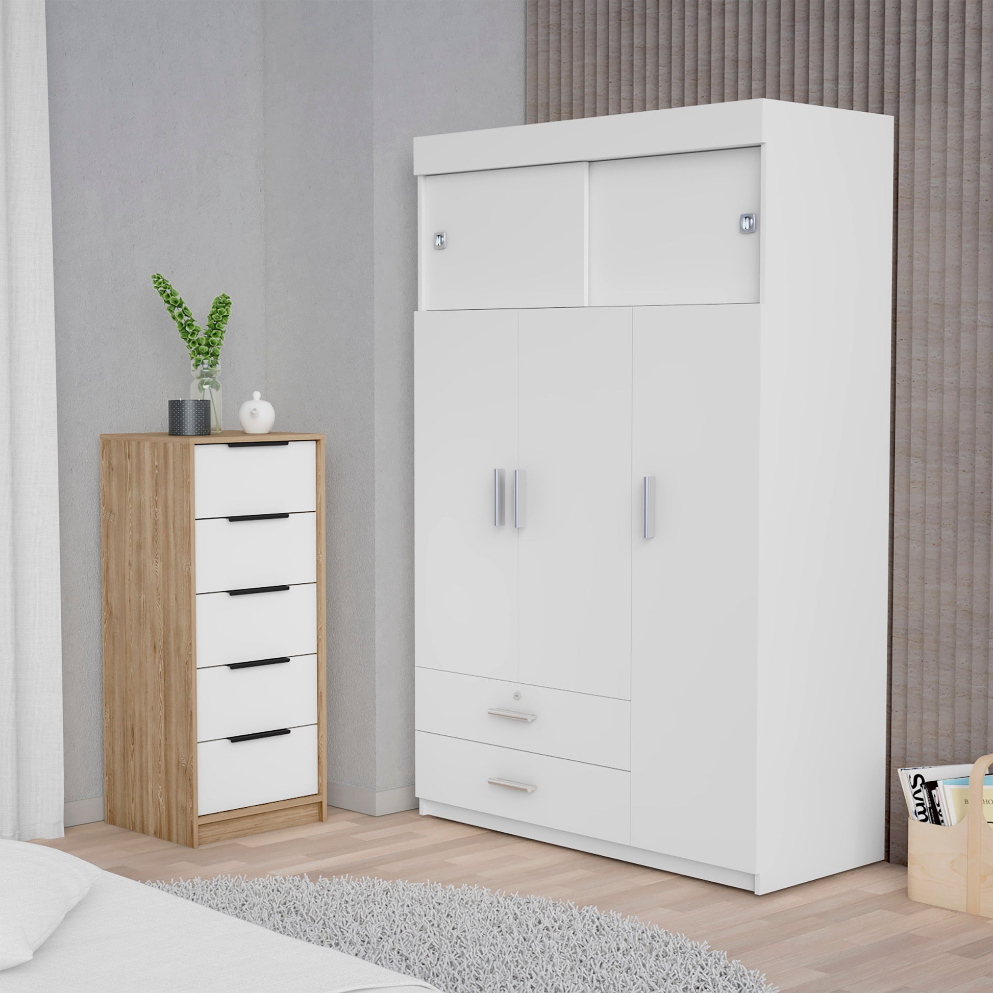 Cozad 2 Piece Bedroom Set, Armoire Dresser, White And Light Oak Queen Cozad 2 Piece Bedroom Set, Armoire Dresser, White And Light Oak Queen