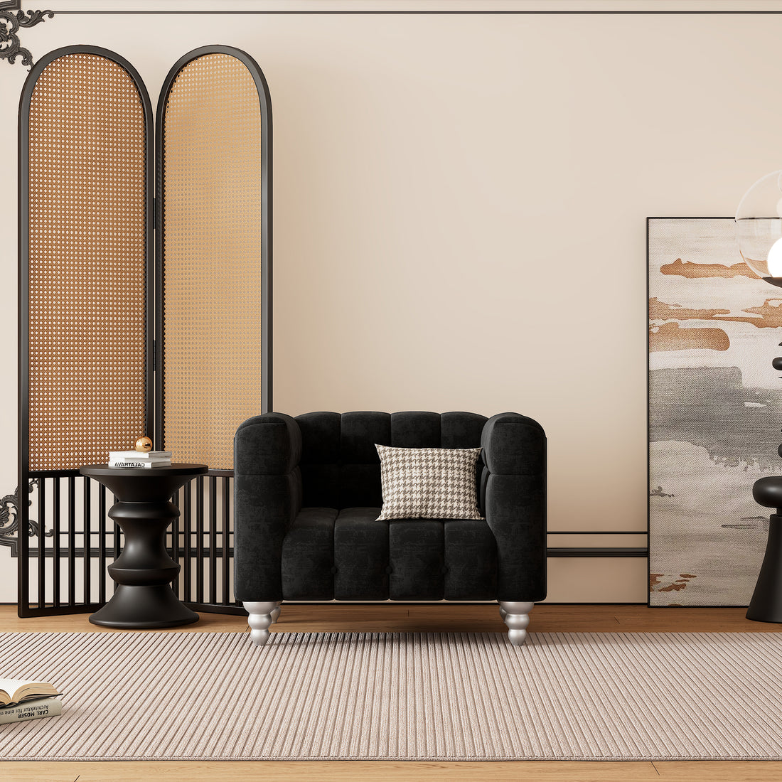 42" Modern Sofa Dutch Fluff Upholstered Sofa With Solid Wood Legs, Buttoned Tufted Backrest Black Foam Polyester