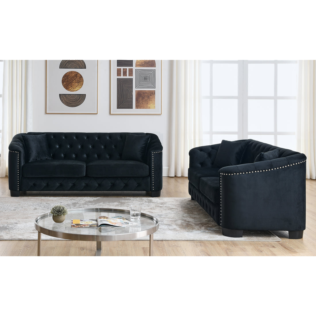 3 Seater 3 Seater Combination Sofa.Velvet Black Black Foam Velvet 6 Seat