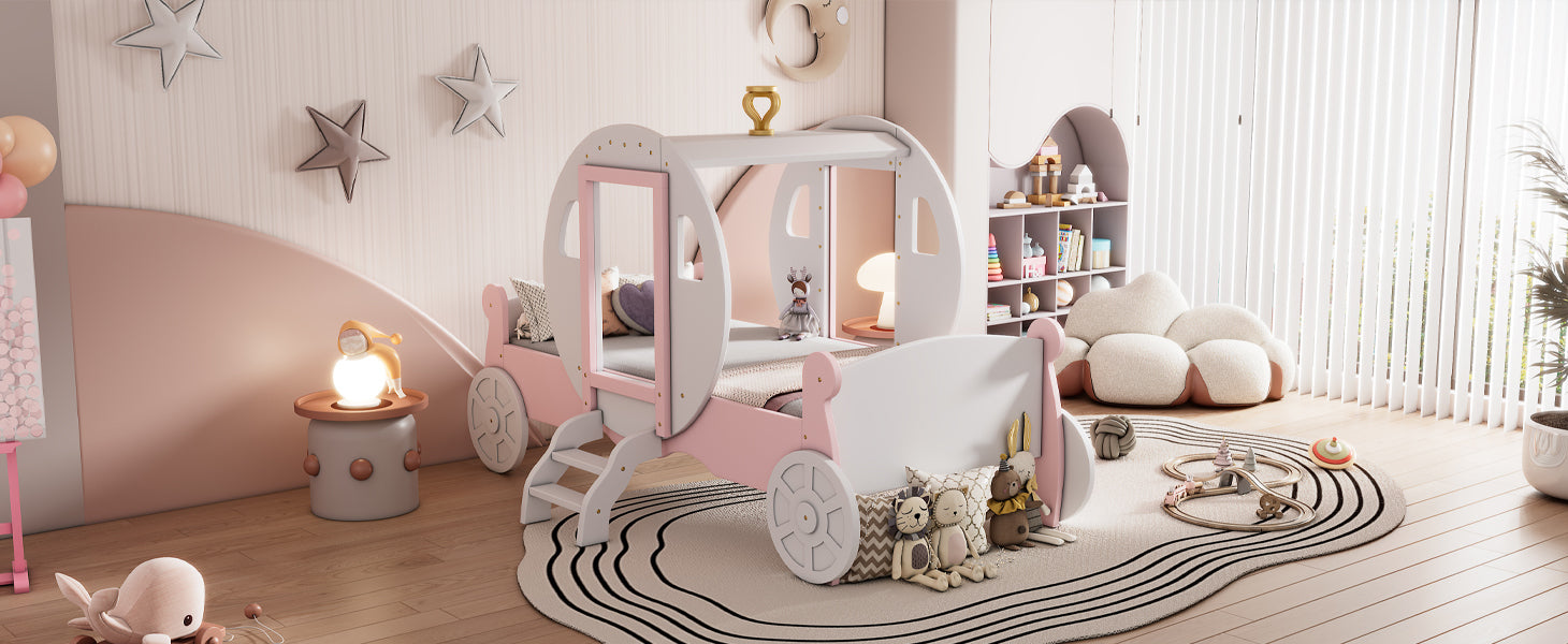 Twin Size Princess Carriage Bed With Crown ,Wood Platform Car Bed With Stair,White Pink White Pink Wood