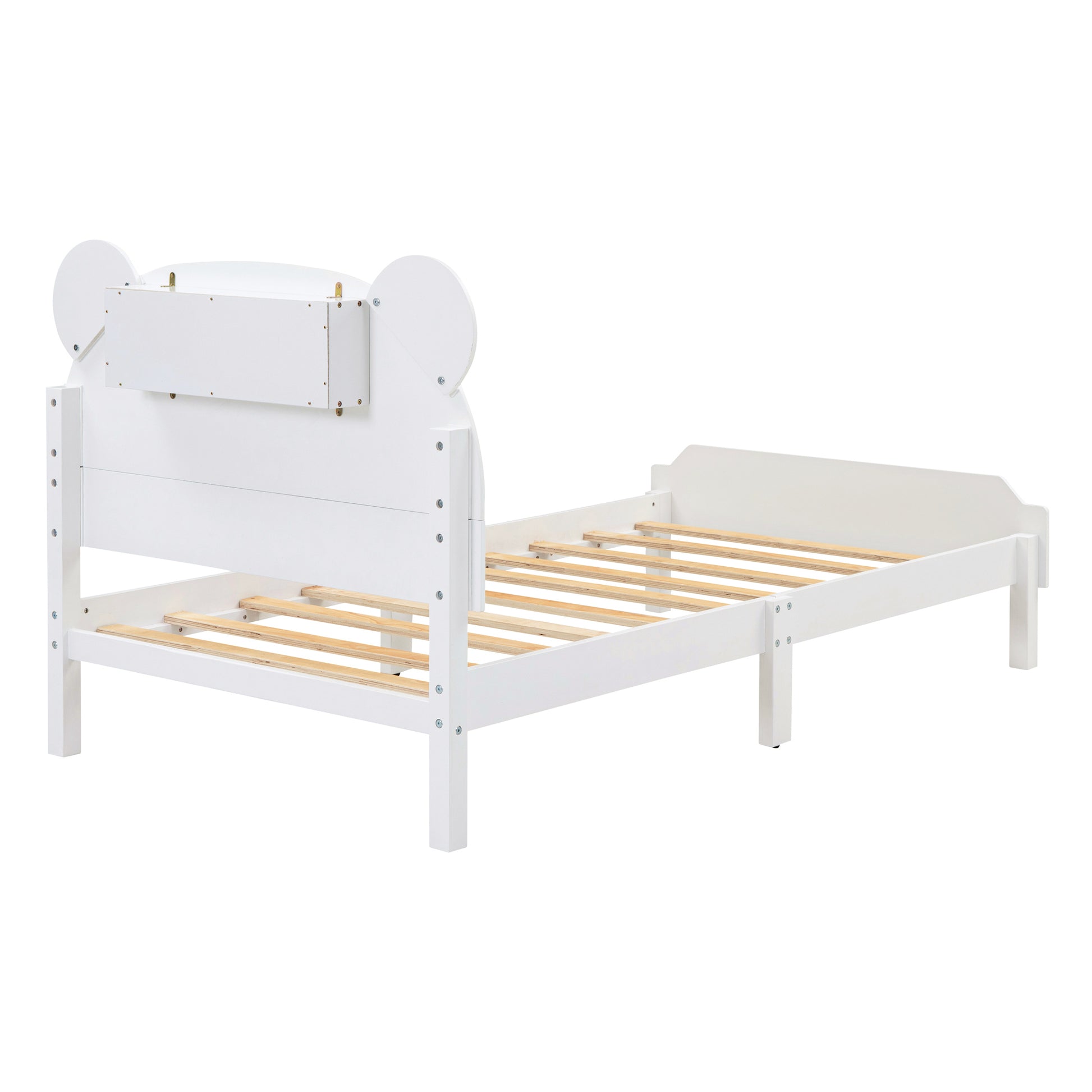 Twin Size Wood Platform Bed With Bear Shaped Headboard,Bed With Motion Activated Night Lights,White White Wood