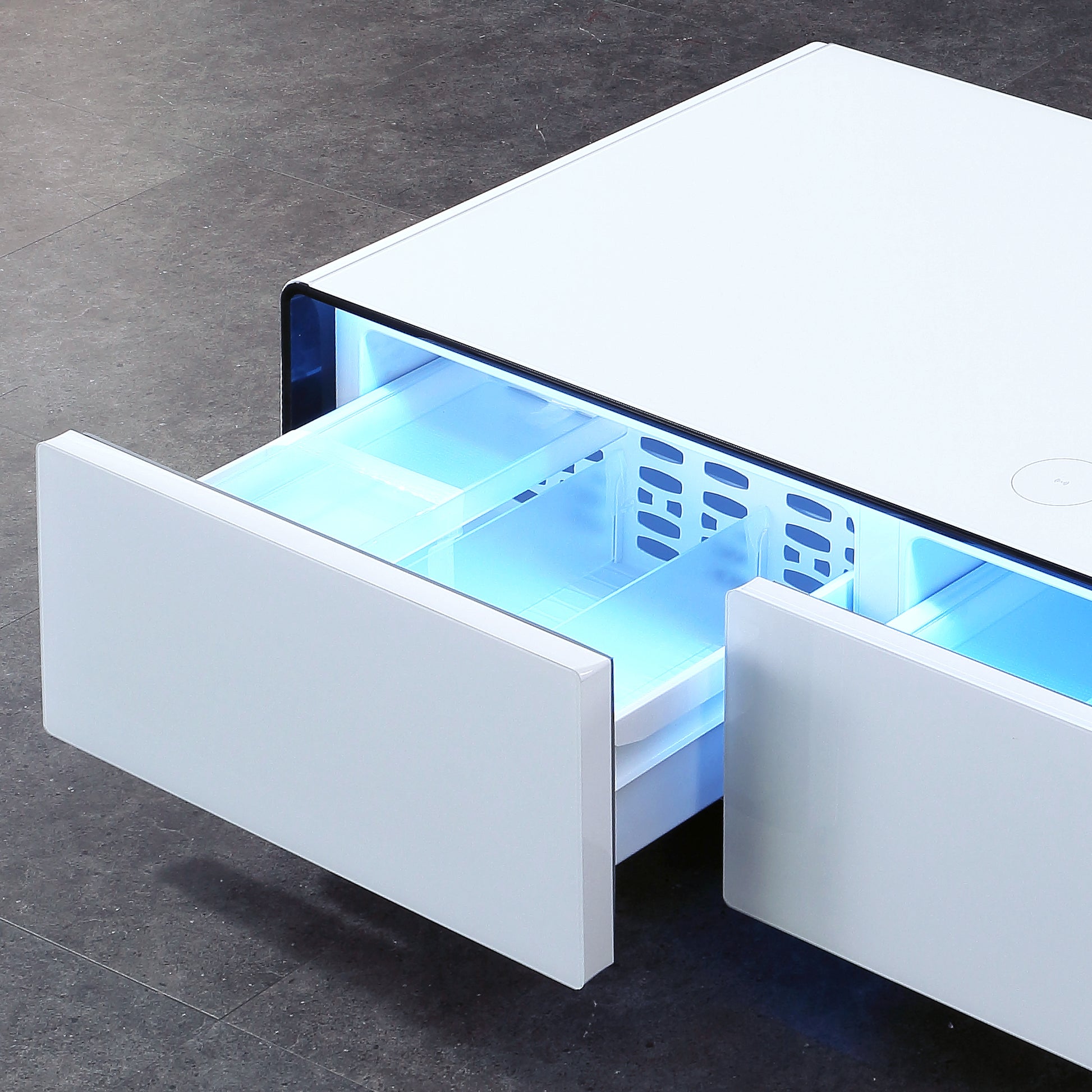Smart Table Fridge, Multifunctional Coffee Table, Tempered Glass Table Top And Back Storage White Tempered Glass