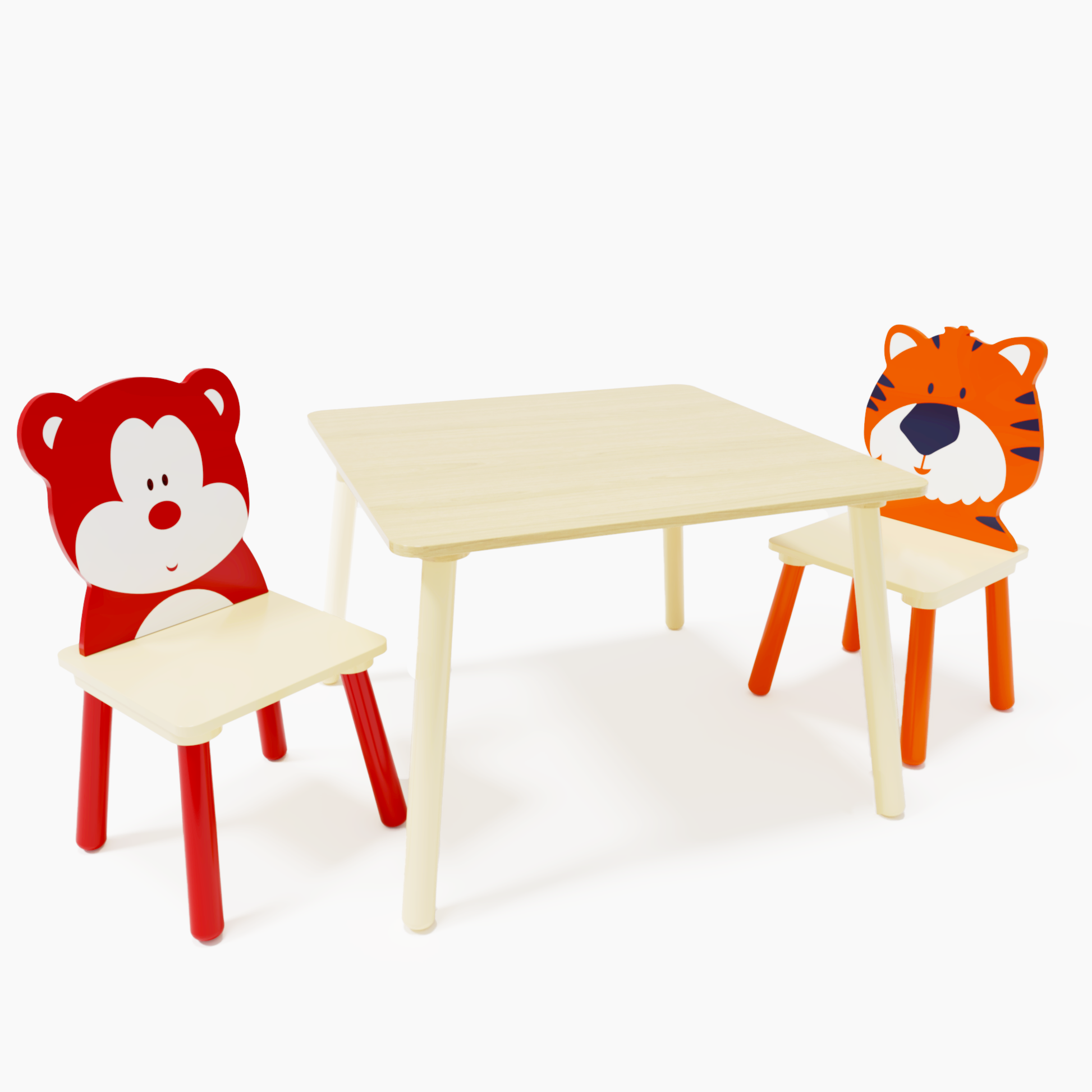 Kids Table And 2 Chairs Set, 3 Pieces Toddler Table And Chair Set, Wooden Activity Play Table Set Bear&Tiger Natural Solid Wood Mdf