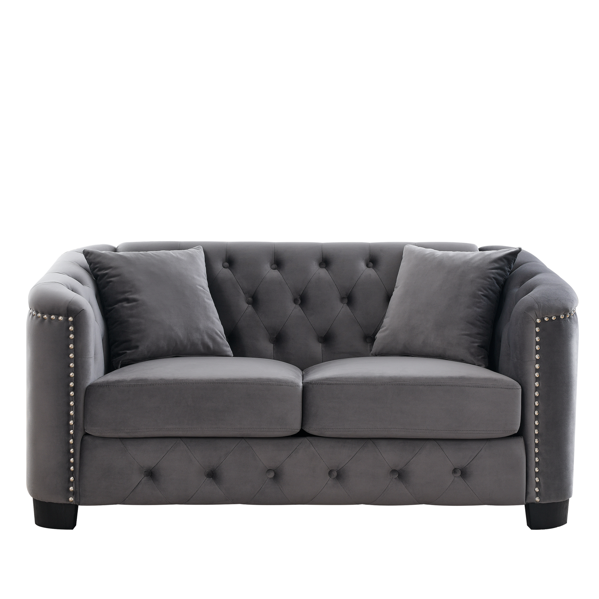 59 Inch Modern Chesterfield Velvet Sofa, 2 Seater Sofa, Upholstered Tufted Backrests With Arms And 2 Cushions For Living Room, Bedroom, Apartment, Office Grey Grey Primary Living Space Foam Velvet 2 Seat