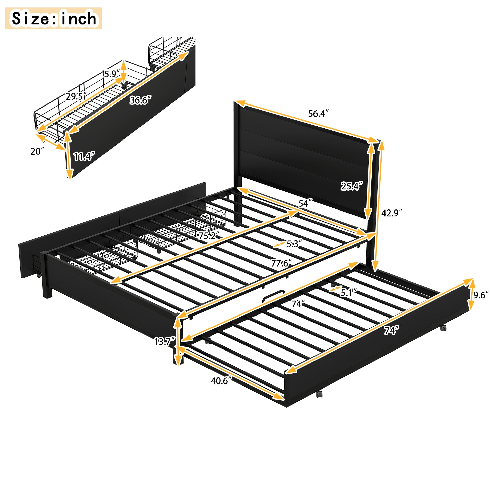 Metal Full Size Storage Platform Bed With Twin Size Trundle And 2 Drawers, Black Full Black Metal Bedroom Bed Frame Mdf Steel