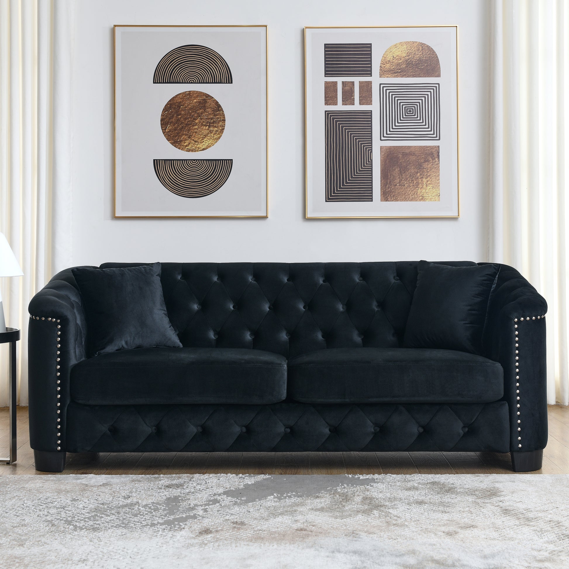 77 Inch Modern Chesterfield Velvet Sofa, 3 Seater Sofa, Upholstered Tufted Backrests With Arms And 2 Cushions For Living Room, Bedroom, Apartment, Office Black Black Primary Living Space Foam Velvet 3 Seat