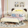 Full Size Wood Platform Bed With Bear Shaped Headboard,Bed With Motion Activated Night Lights,Cream Walnut Cream Wood