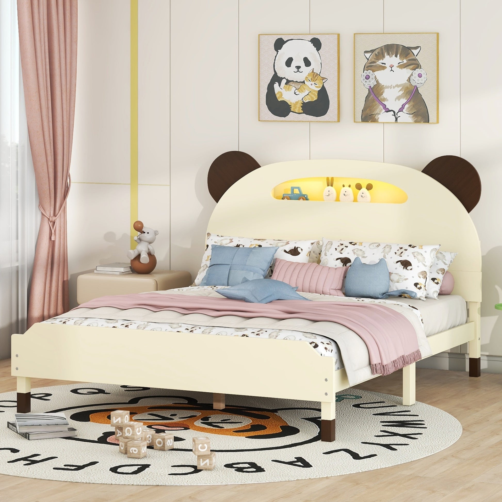 Full Size Wood Platform Bed With Bear Shaped Headboard,Bed With Motion Activated Night Lights,Cream Walnut Cream Wood