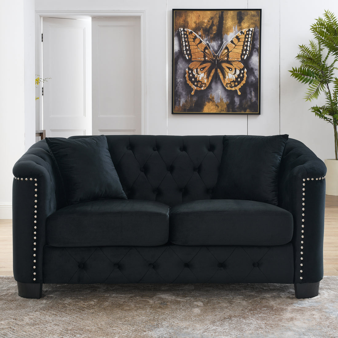 59 Inch Modern Chesterfield Velvet Sofa, 2 Seater Sofa, Upholstered Tufted Backrests With Arms And 2 Cushions For Living Room, Bedroom, Apartment, Office Black Black Primary Living Space Foam Velvet 2 Seat