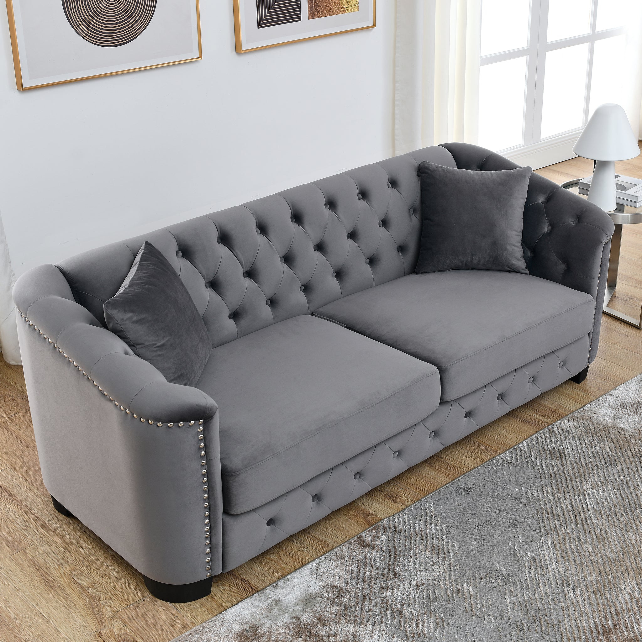 77 Inch Modern Chesterfield Velvet Sofa, 3 Seater Sofa, Upholstered Tufted Backrests With Arms And 2 Cushions For Living Room, Bedroom, Apartment, Office Grey Grey Primary Living Space American Design Foam Velvet 3 Seat