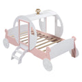 Twin Size Princess Carriage Bed With Crown ,Wood Platform Car Bed With Stair,White Pink White Pink Wood