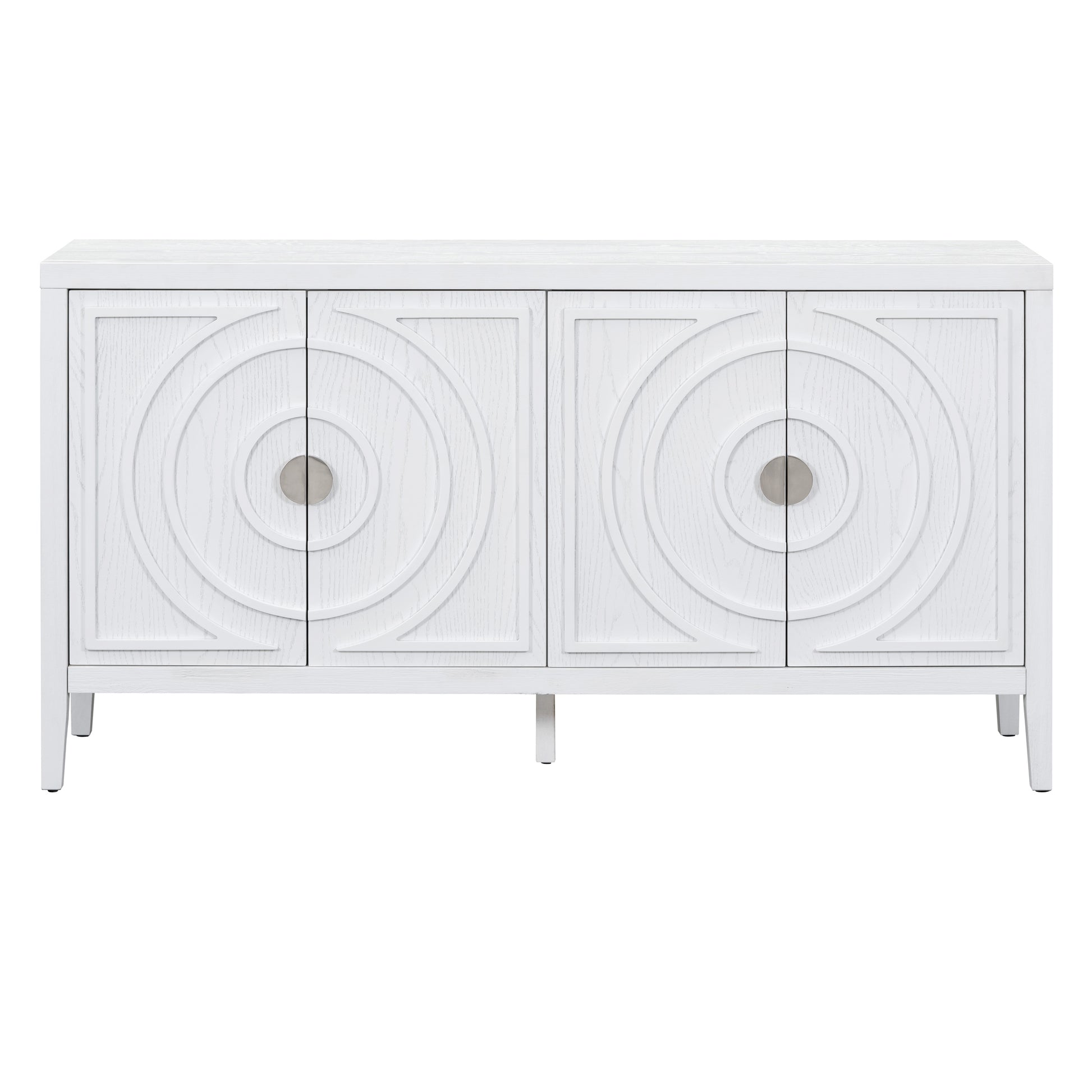 Retro Sideboard Door With Circular Groove Design Round Metal Door Handle For Entrance, Dinning Room, Living Room White White Mdf