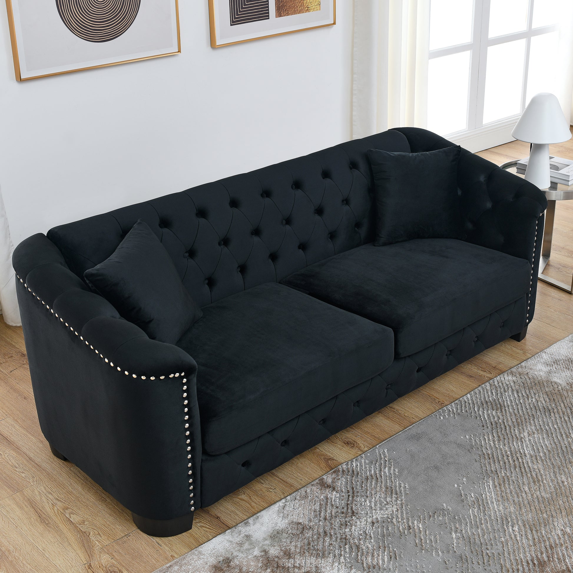 3 Seater 3 Seater Combination Sofa.Velvet Black Black Foam Velvet 6 Seat