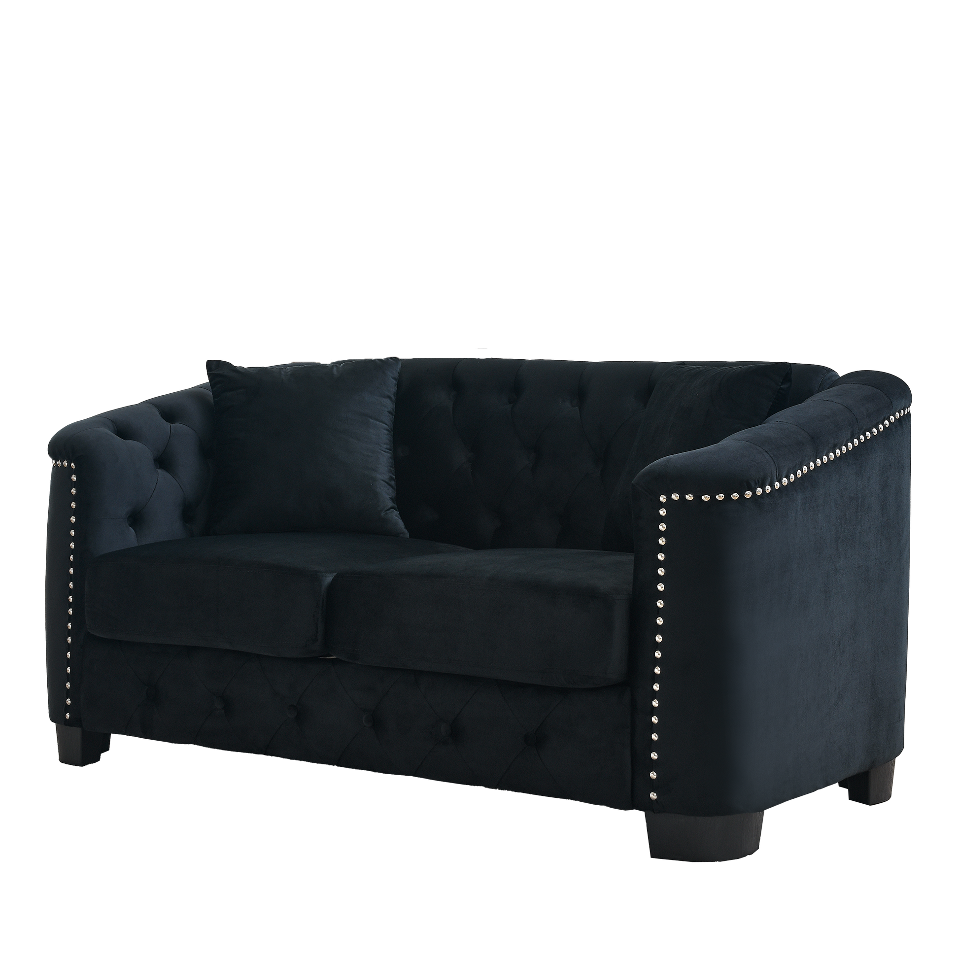 59 Inch Modern Chesterfield Velvet Sofa, 2 Seater Sofa, Upholstered Tufted Backrests With Arms And 2 Cushions For Living Room, Bedroom, Apartment, Office Black Black Primary Living Space Foam Velvet