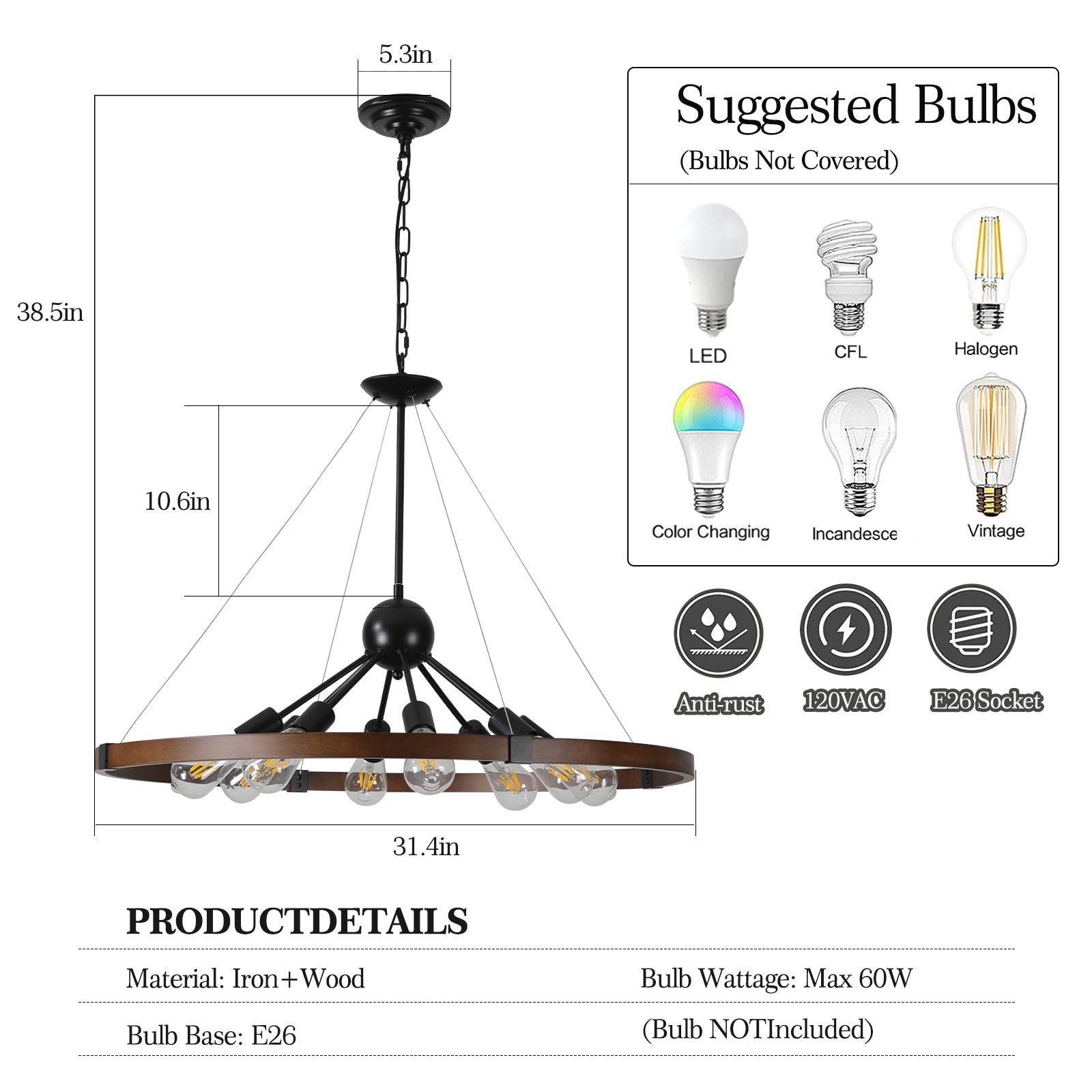 Sku:W1340P206642 8 Light Retro Farmhouse Chandelier For Kitchen, Living Room, Dining Room Red And Walnut No Bulbs Walnut Black Farmhouse Iron