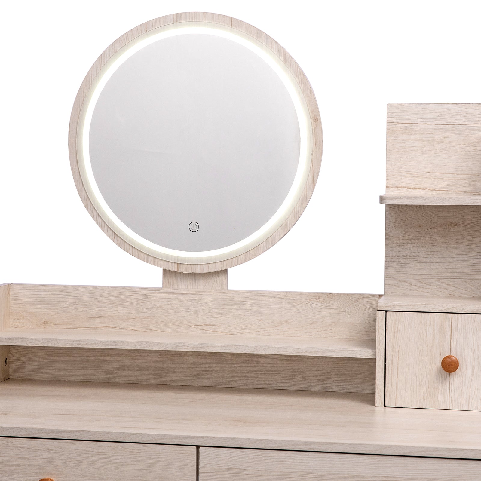 Stylish Vanity Table Cushioned Stool, Touch Control Led Mirror, Large Capacity Storage Cabinet, 5 Drawers, Fashionable Makeup Furniture, Length Adjustable L31.5" 43.2"X W15.8" X H48.1" Ameican White Oak Solid Wood Mdf