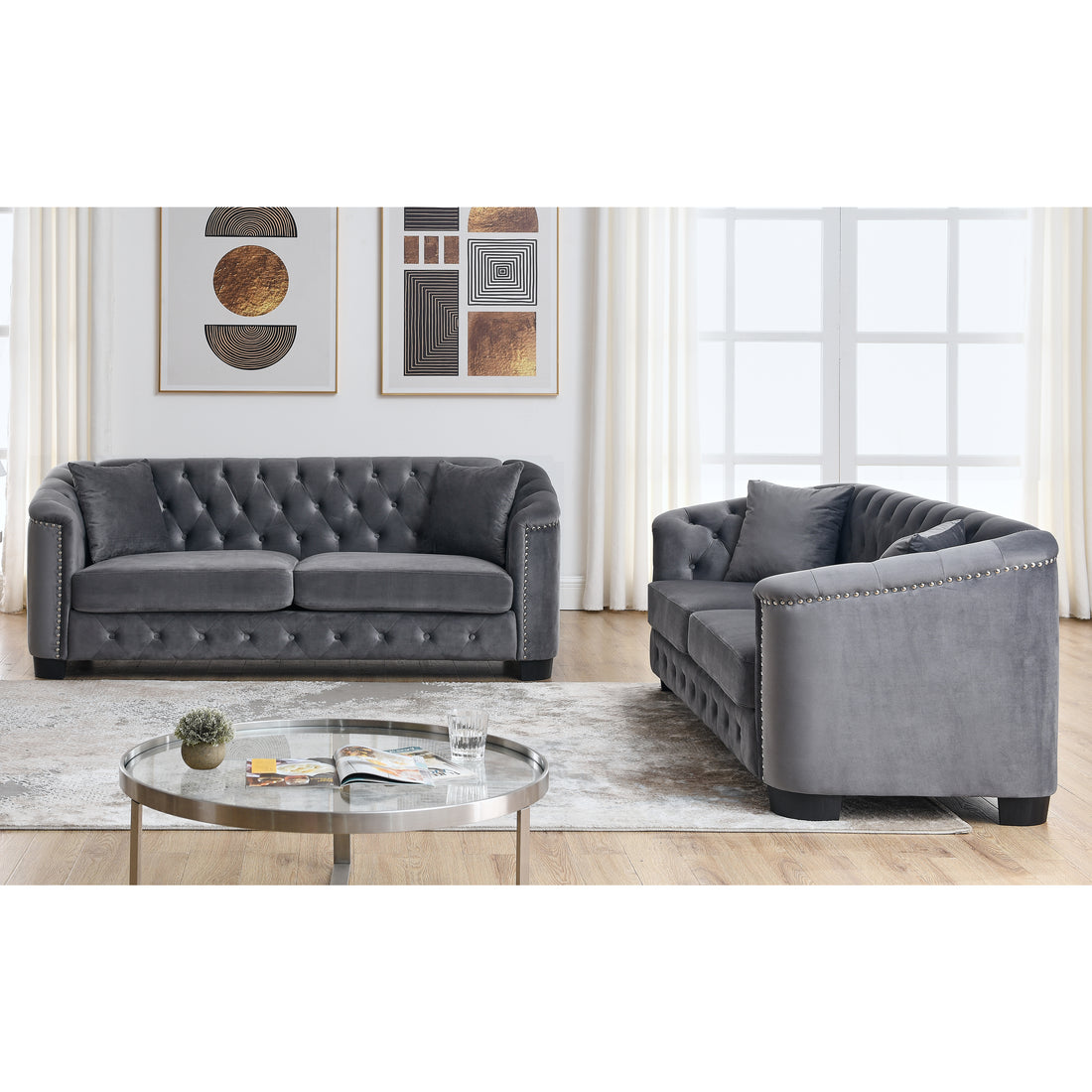 3 Seater 3 Seater Combination Sofa.Velvet Grey Grey Foam Velvet 6 Seat