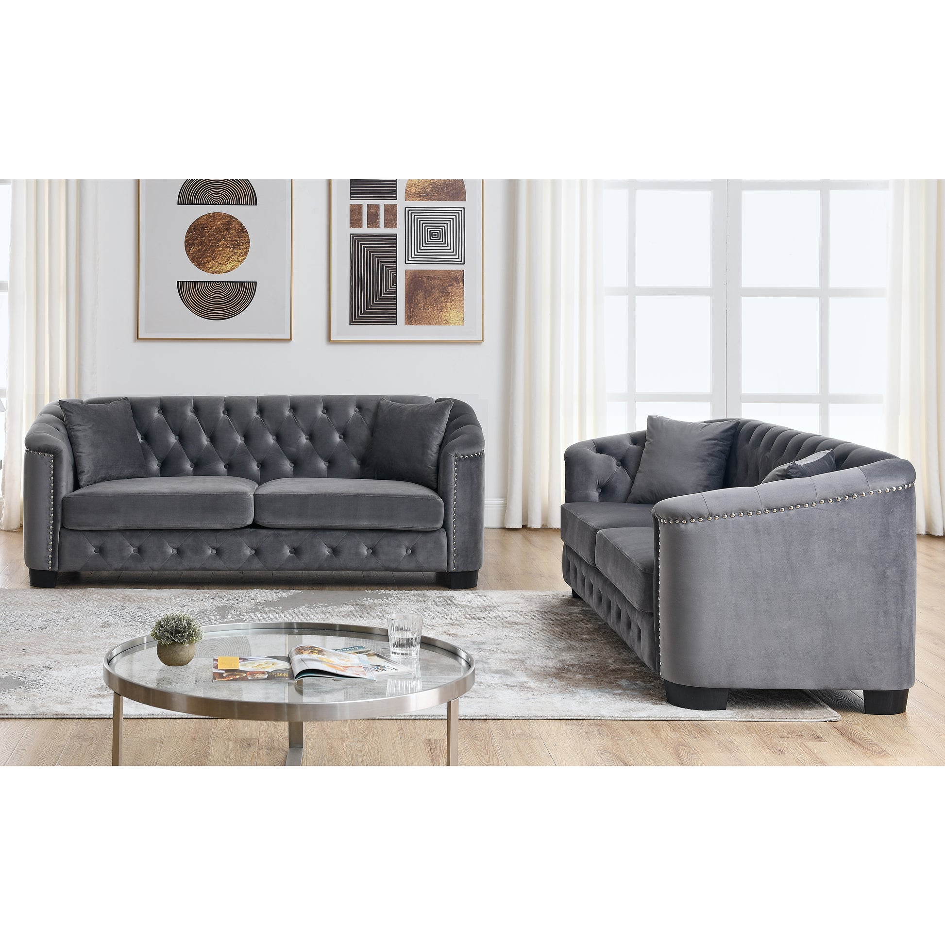 3 Seater 3 Seater Combination Sofa.Velvet Grey Grey Foam Velvet 6 Seat
