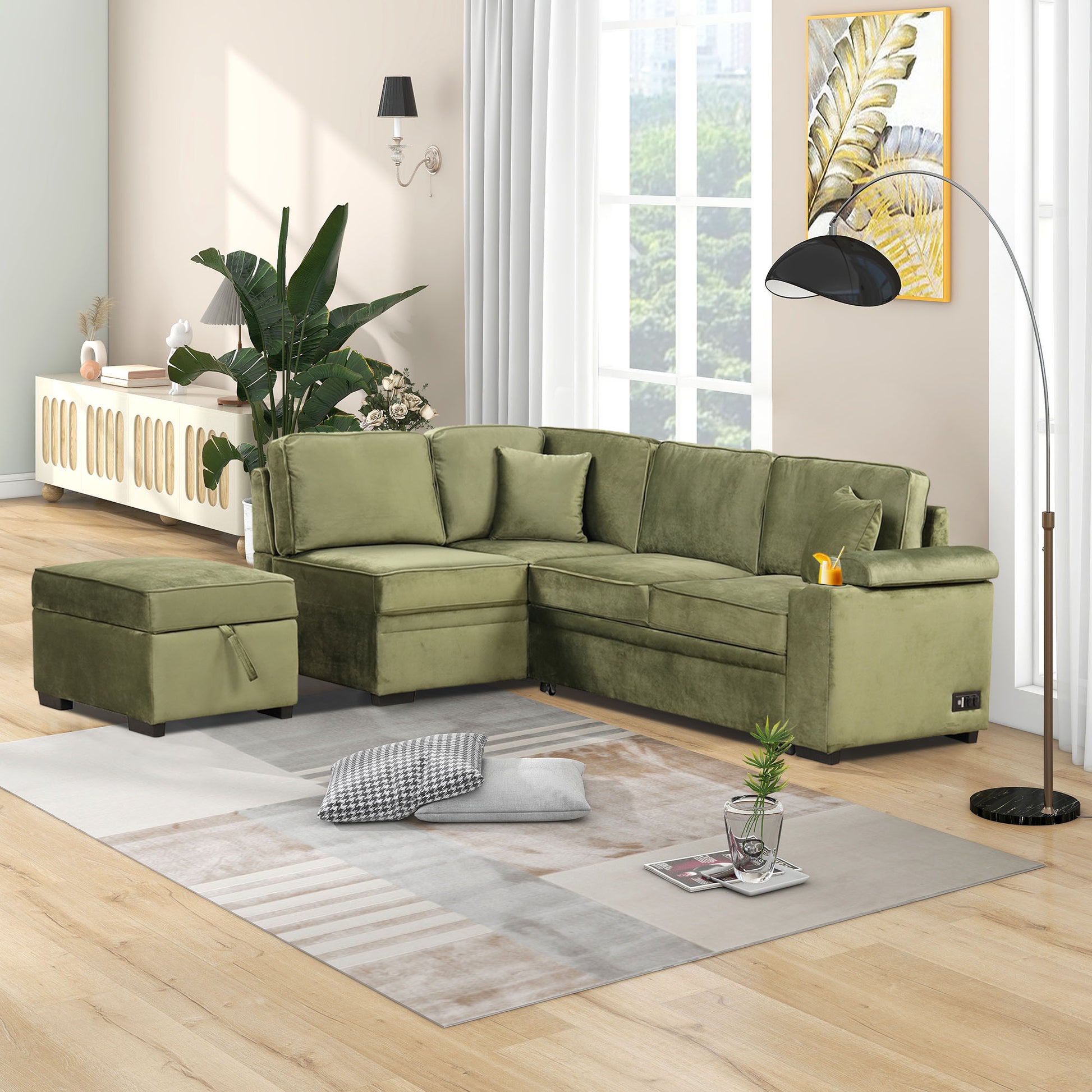 84.75" Sleeper Sofa Bed,2 In 1 Pull Out Sofa Bed L Shape Couch With Storage Ottoman For Living Room,Bedroom Couch And Small Apartment, Green Green Foam Velvet 4 Seat