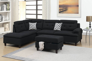 Living Room Furniture Black Cushion Sectional W Ottoman Linen Like Fabric Sofa Chaise Black Wood Primary Living Space Cushion Back Classic,Contemporary,Modern L Shaped Pine Pillow Top Arms Solid Wood 4 Seat