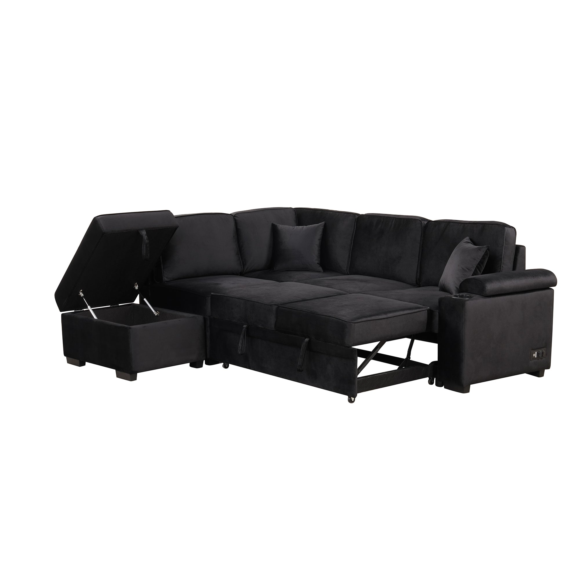 84.75" Sleeper Sofa Bed,2 In 1 Pull Out Sofa Bed L Shape Couch With Storage Ottoman For Living Room,Bedroom Couch And Small Apartment, Black Black Foam Velvet 4 Seat