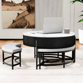 Modern Round Lift Top Coffee Table With Storage & 3 Ottoman White & Black Black Mdf