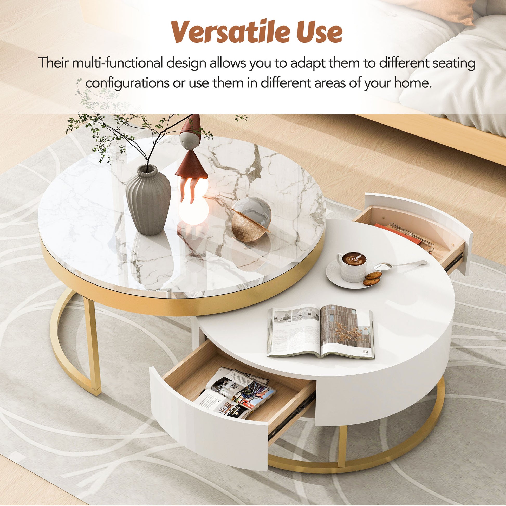 Modern Round Nesting Coffee Table With Drawers In White Golden White Mdf