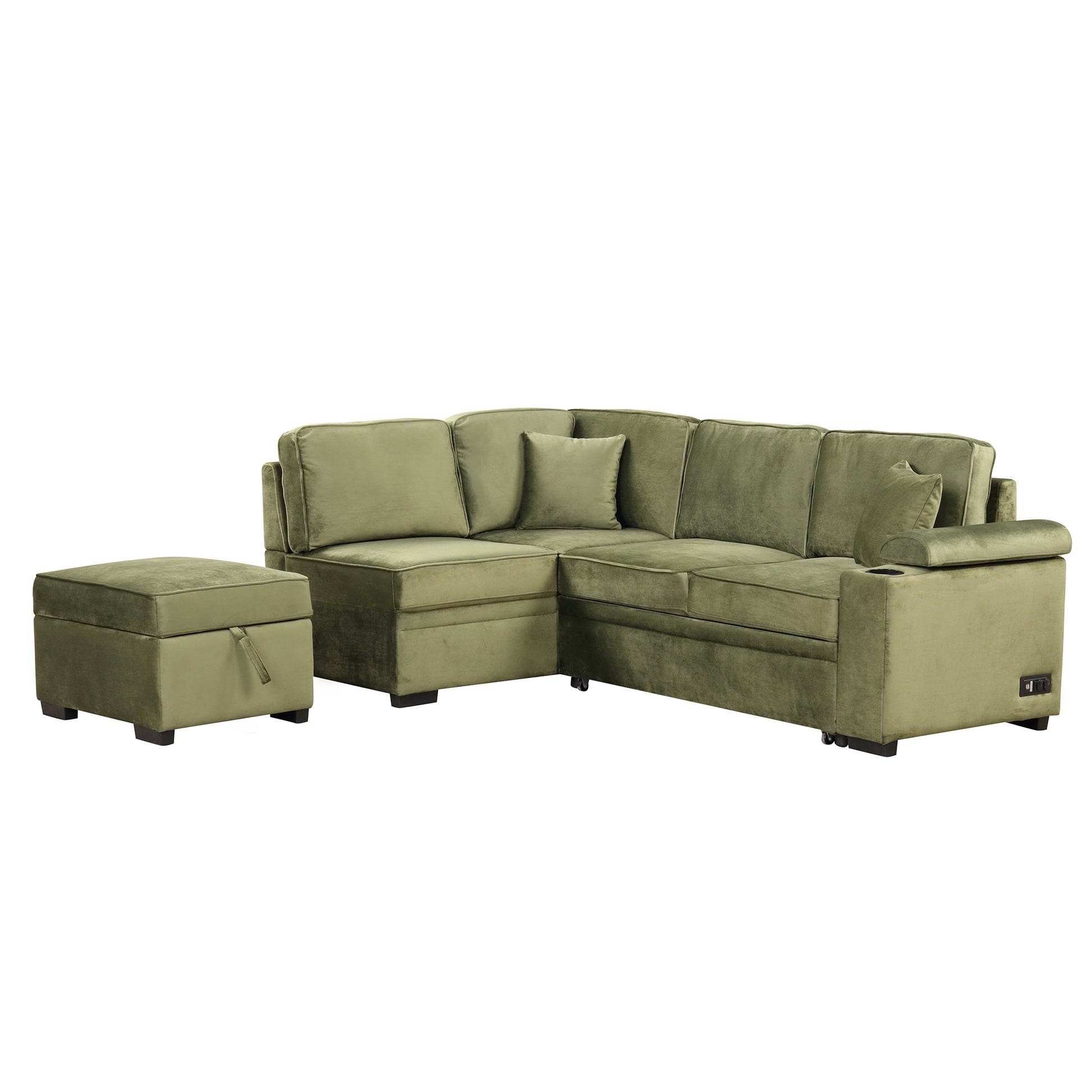 84.75" Sleeper Sofa Bed,2 In 1 Pull Out Sofa Bed L Shape Couch With Storage Ottoman For Living Room,Bedroom Couch And Small Apartment, Green Green Foam Velvet 4 Seat