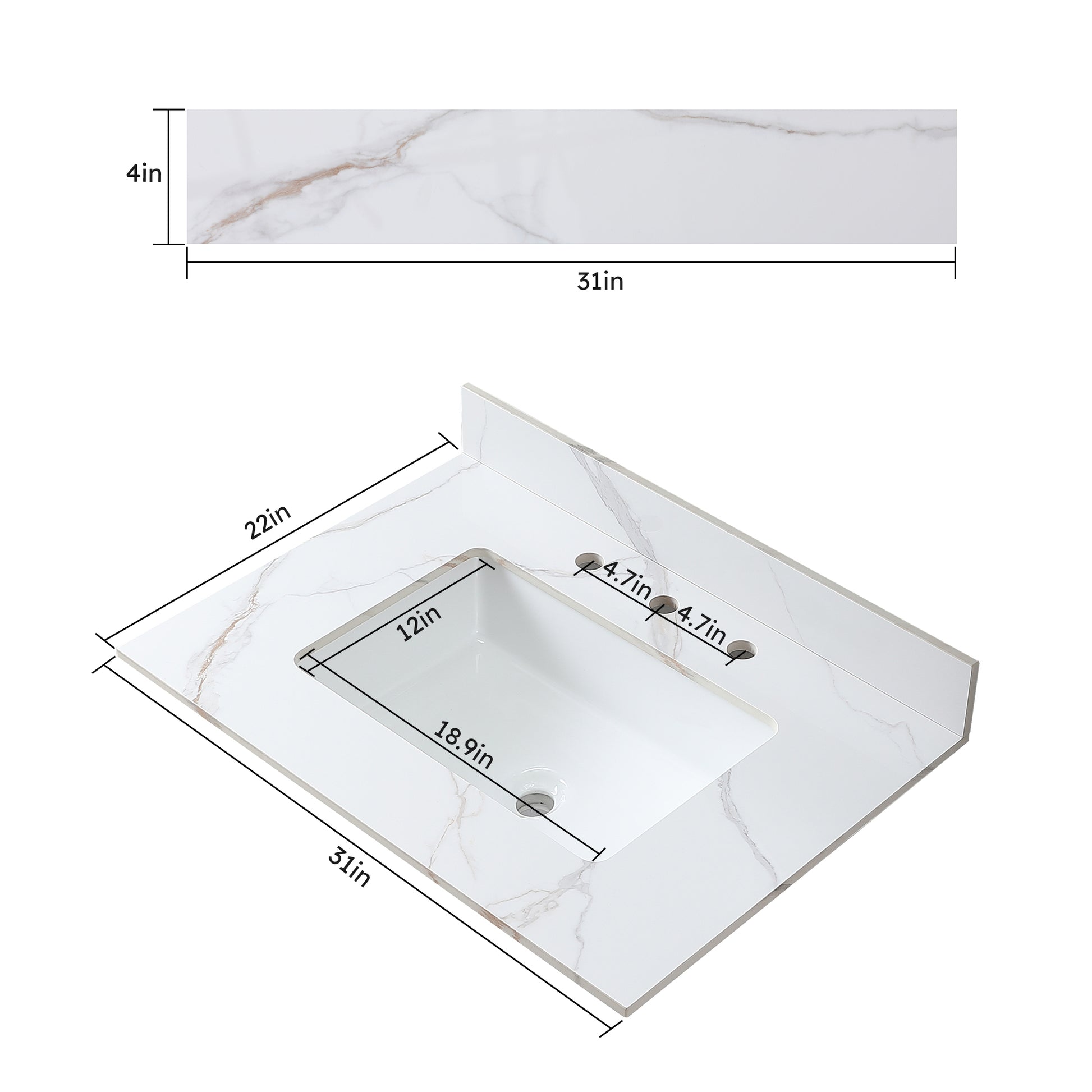 31Inch Bathroom Vanity Top Stone Carrara Gold Style Tops With Rectangle Undermount Ceramic Sink And Back Splash With 3 Faucet Hole For Bathrom Cabinet White Sintered Stone