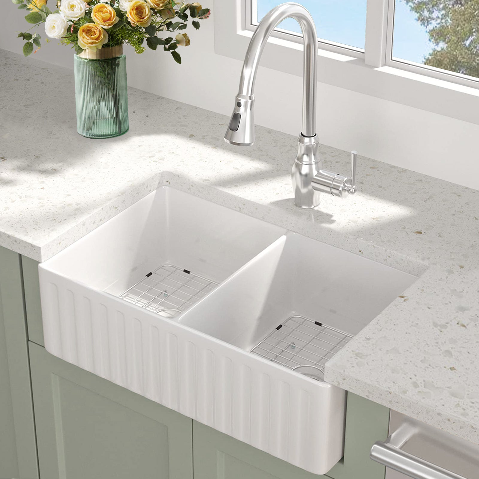 Fireclay 33" L X 18" W Double Basin Farmhouse Kitchen Sink With Grid And Strainer White Kitchen Contemporary Fireclay