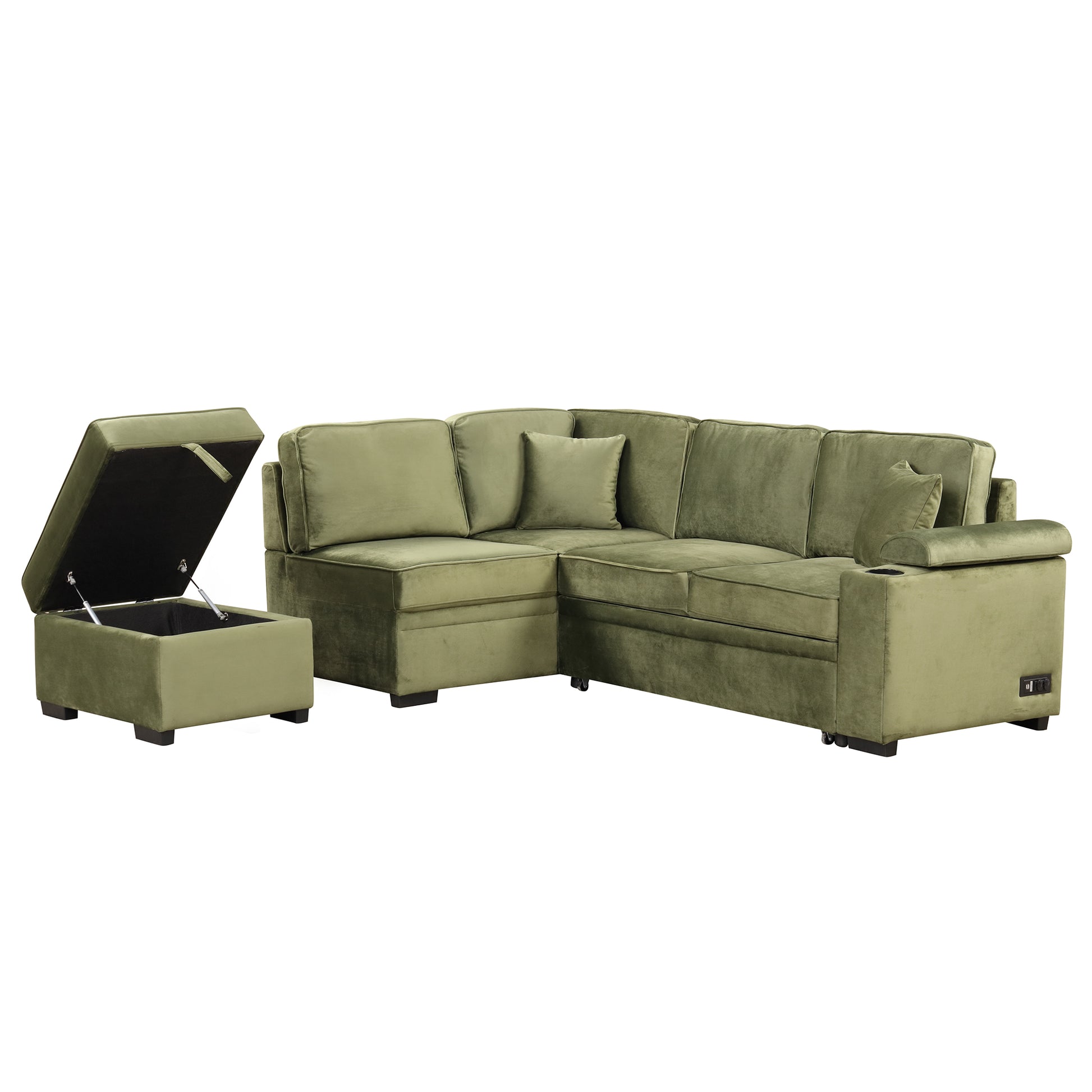 84.75" Sleeper Sofa Bed,2 In 1 Pull Out Sofa Bed L Shape Couch With Storage Ottoman For Living Room,Bedroom Couch And Small Apartment, Green Green Foam Velvet 4 Seat