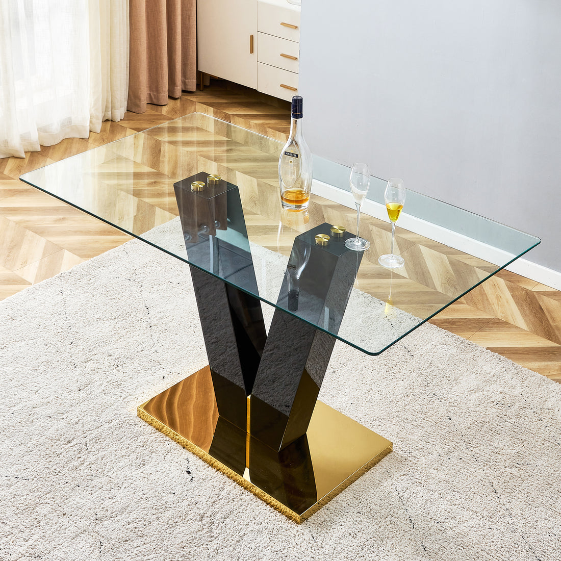 Large Modern Minimalist Rectangular Glass Dining Table For 6 8 With 0.39" Tempered Glass Tabletop And Mdf Slab V Shaped Bracket,For Kitchen Dining Living Meeting Room Banquet Hall F V 16090 Trb