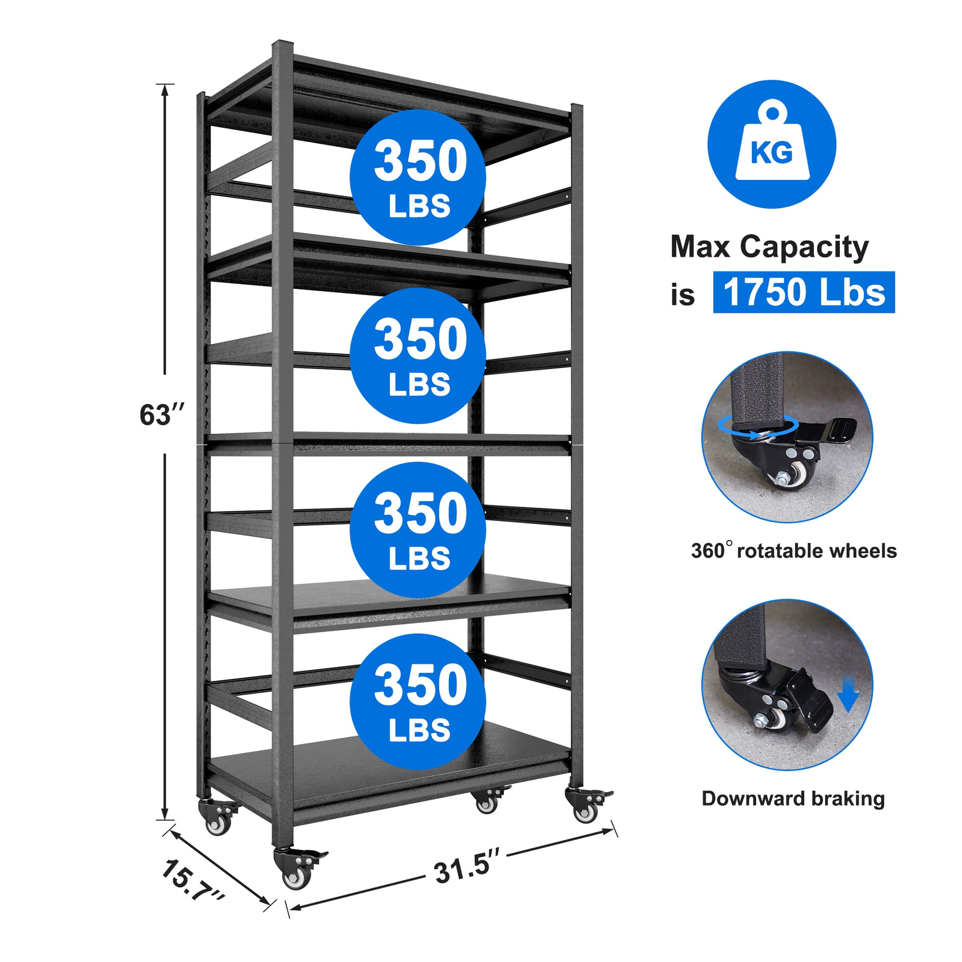 63"H Storage Shelves Heavy Duty Metal Shelving Unit Adjustable 5 Tier Pantry Shelves With Wheels Load 1750Lbs Kitchen Shelf Garage Storage 5 Black Standard Vertical Kitchen Open Back Metal Antique Adjustable Shelves Metal Metal