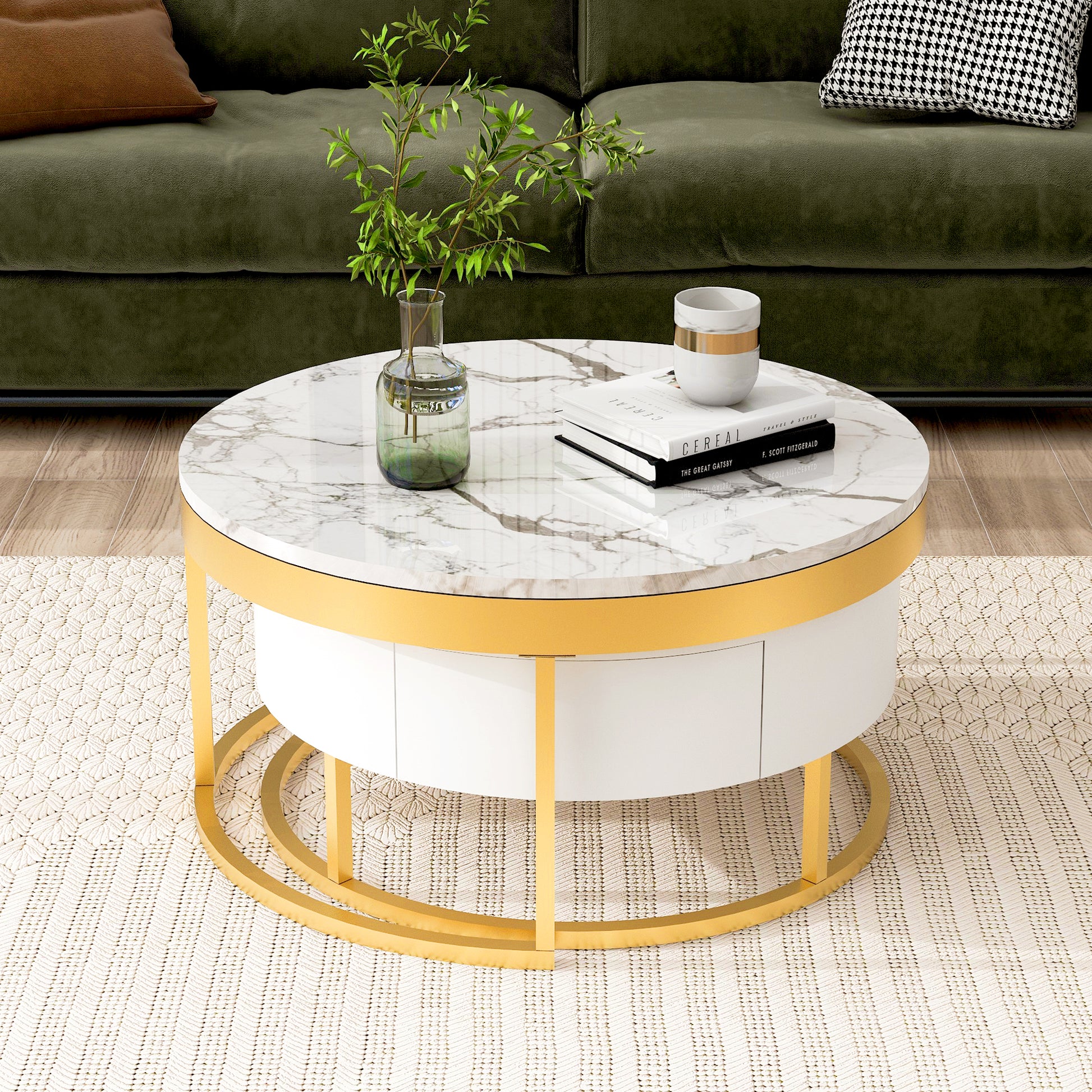 Modern Round Nesting Coffee Table With Drawers In White Golden White Mdf